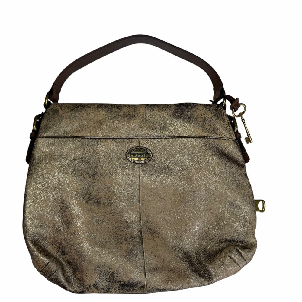 Fossil Metallic Bronze Distressed Leather Shoulder Bag Hobo Purse Brown Trim